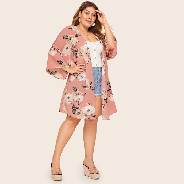 

Plus Open Front Floral Print Kimono, Pink pastel