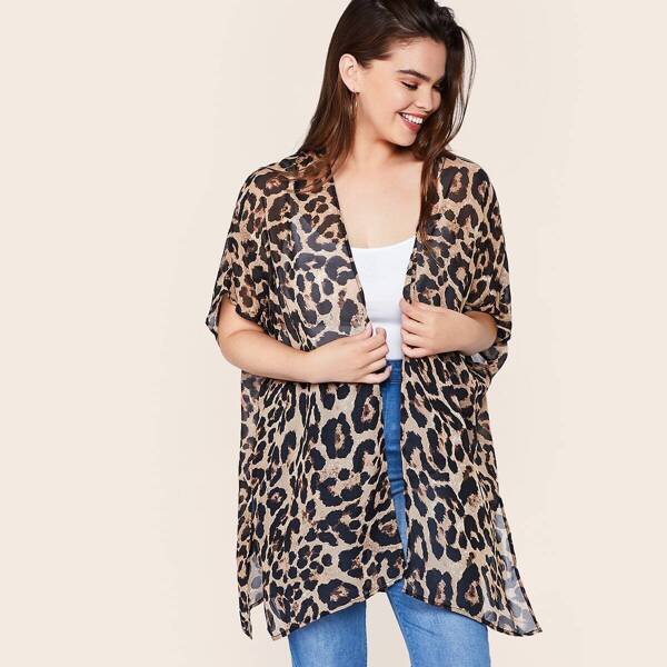 

Plus Leopard Print Slit Hem Kimono, Multicolor