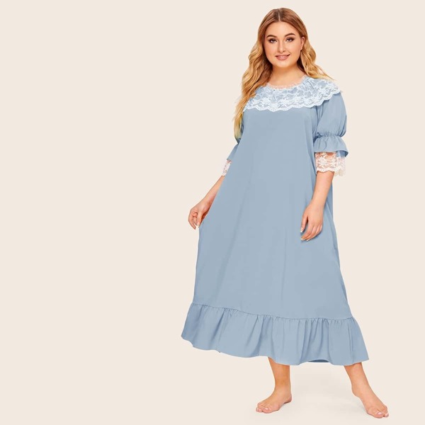 

Plus Contrast Lace Ruffle Trim Nightdress