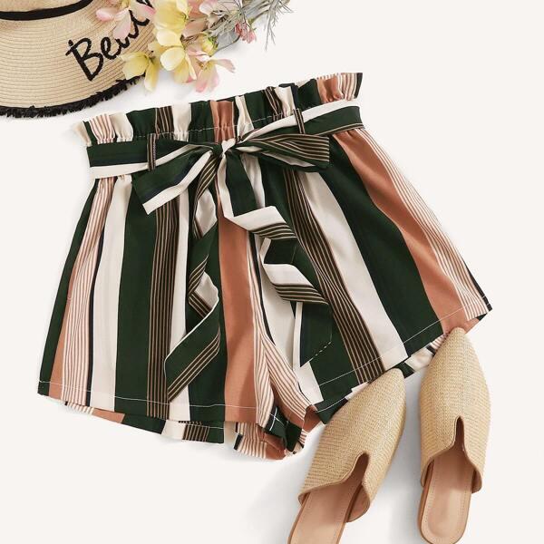 

Paperbag Waist Self Belted Striped Shorts, Multicolor