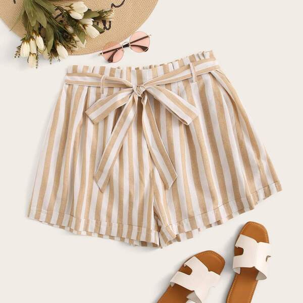 

Plus Paperbag Waist Rolled Hem Striped Shorts, Khaki