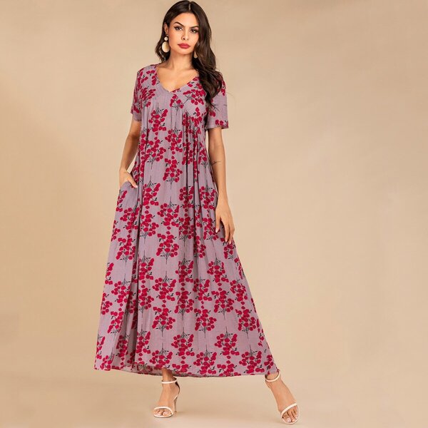 

Floral Print Hidden Pocket V Neck Dress, Multicolor