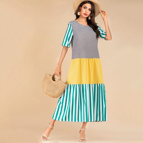

Striped & Gingham Print Colorblock Dress