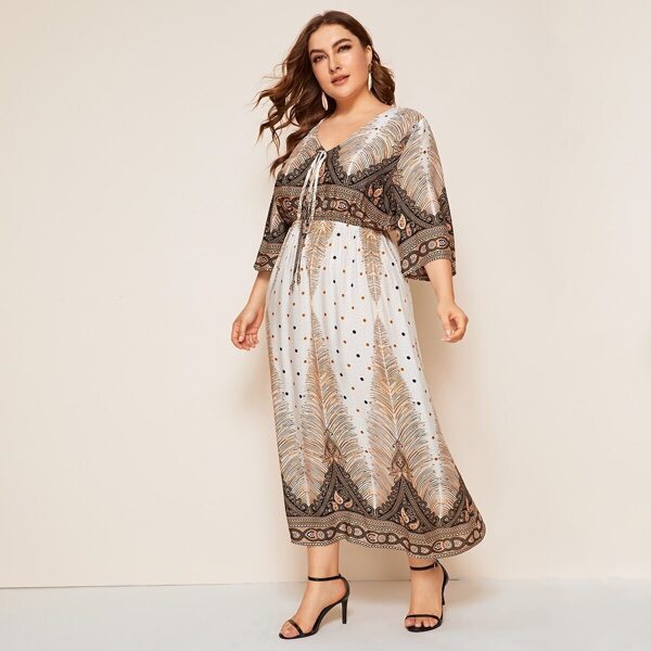 

Plus Plants Print Tie Neck Longline Dress, Multicolor