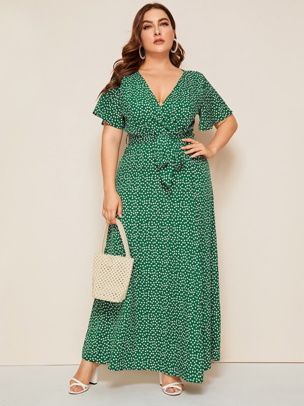 

Plus Ditsy Floral Surplice Front Belted Dress, Green, Franziska