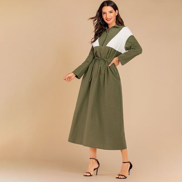 

Colorblock Zip Front Drawstring Dress
