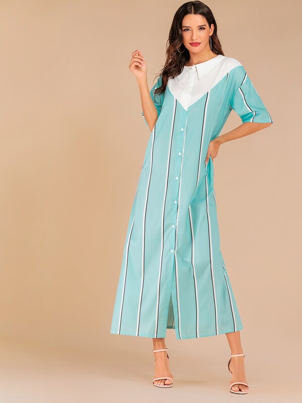 

Striped Color Block Shirt Dress, Blue
