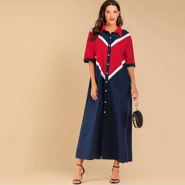 

Chevron Print Color block Shirt Dress, Multicolor