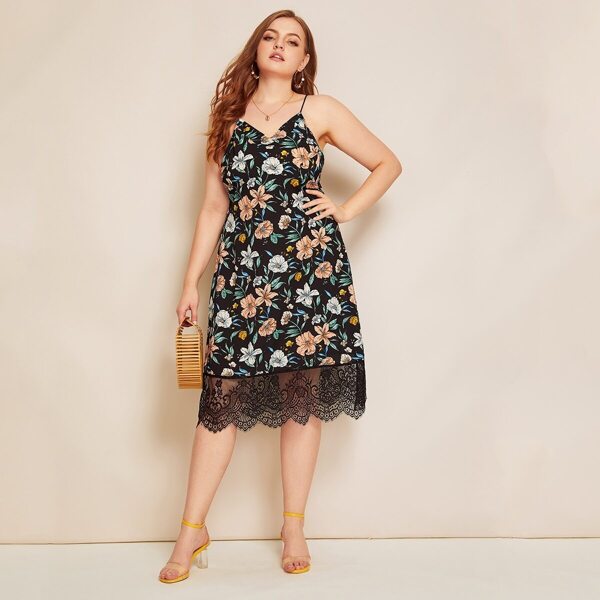 

Plus Floral Print Lace Contrast Slip Dress