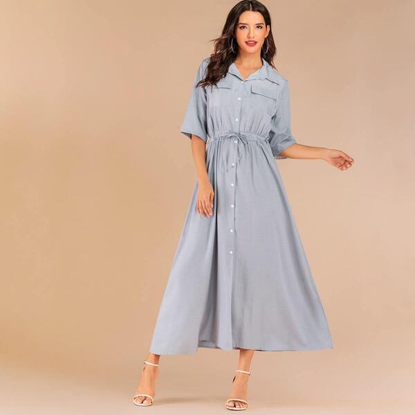 

Dual Pocket Drawstring Waist Shirt Dress