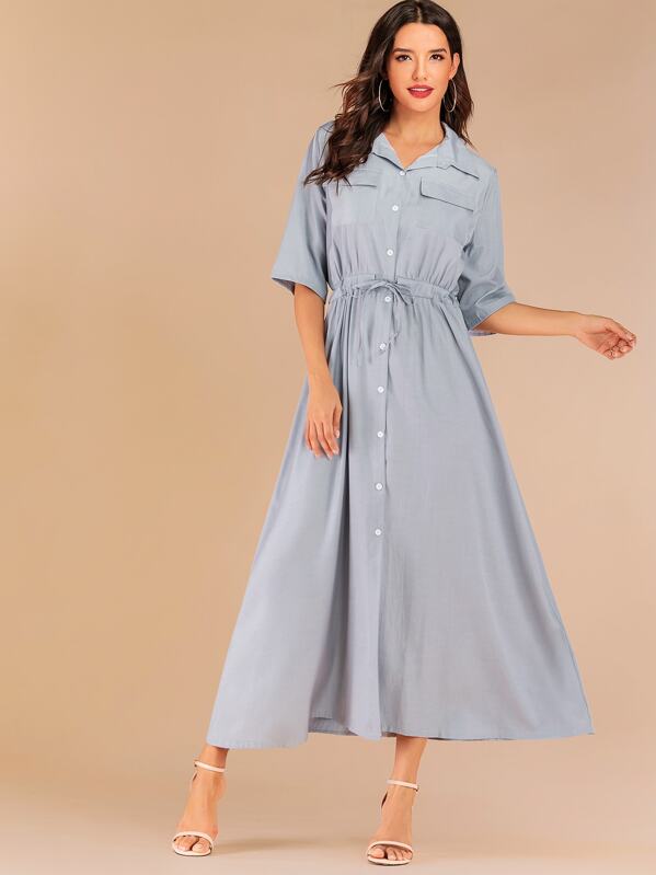 

Dual Pocket Drawstring Waist Shirt Dress, Blue