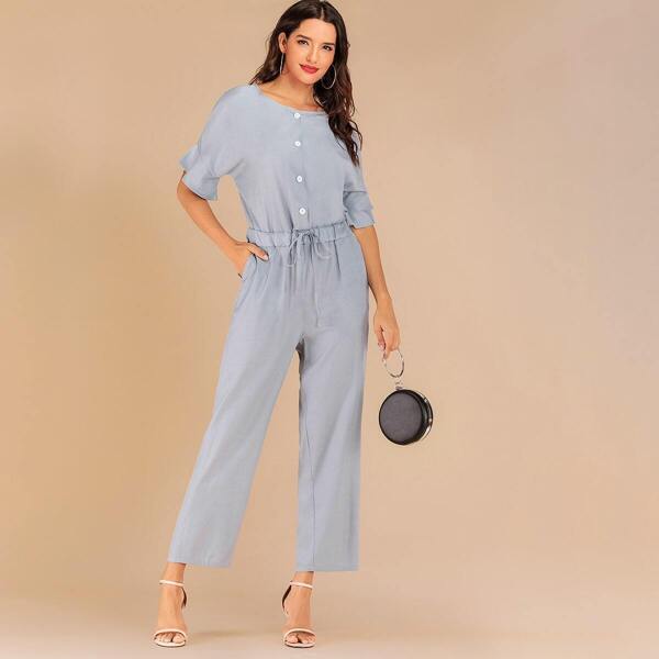 

Drawstring Button Front Flounce Sleeve Jumpsuit, Blue