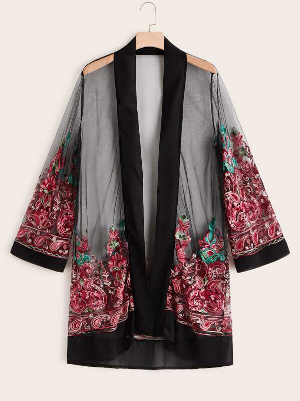 

Plus Open Front Mesh Flower Embroidered Kimono, Black