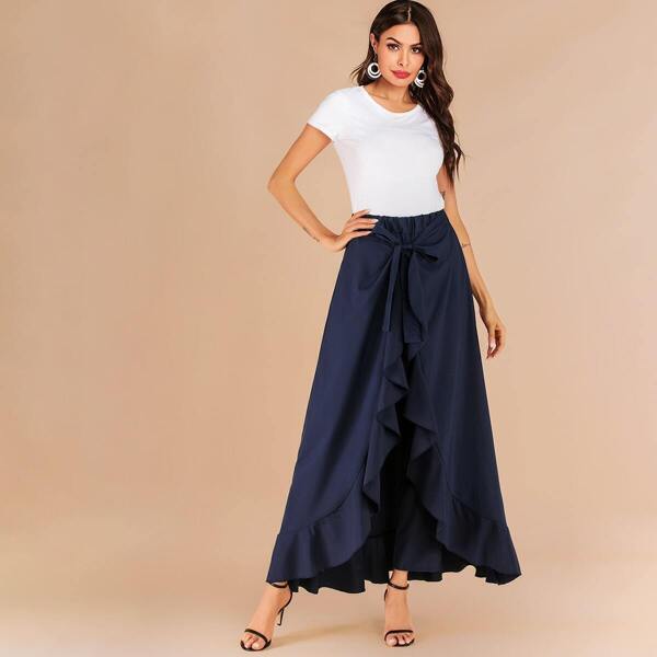 

Ruffle Trim Tie Front Culottes Pants