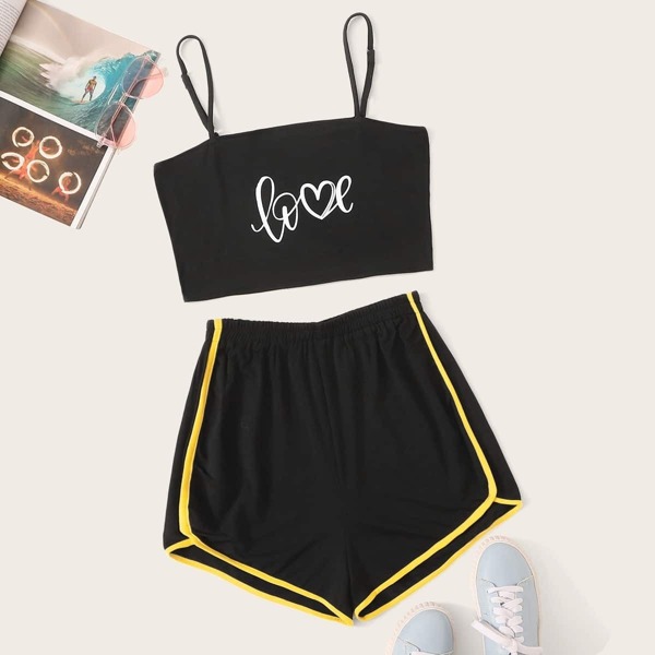 

Letter Print Crop Cami Top & Piping Trim Track Shorts Set