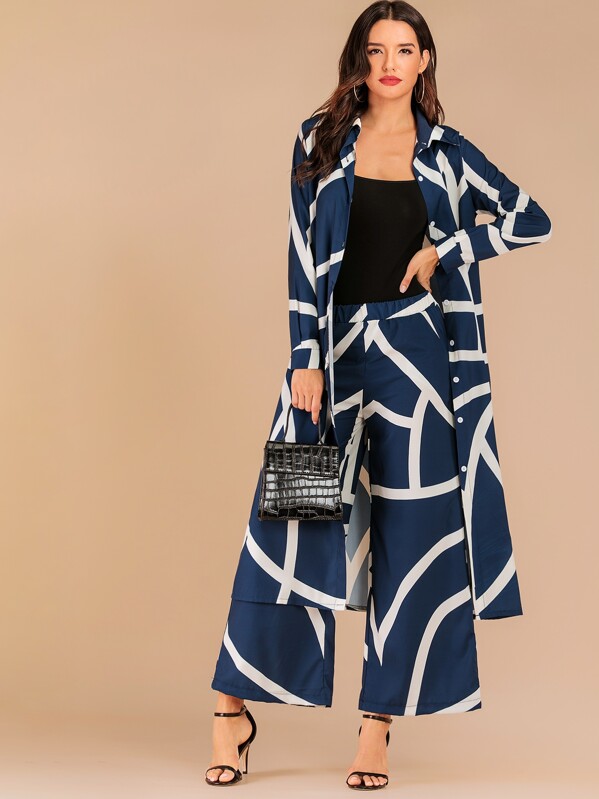 

Geo Print Button Front Longline Shirt & Pants Set, Navy