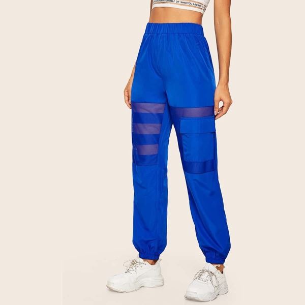 

Solid Contrast Mesh Flap Pocket Pants, Blue