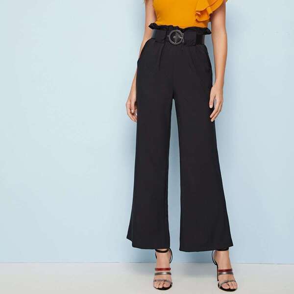 

Solid Belted High Waist Paperbag Pants