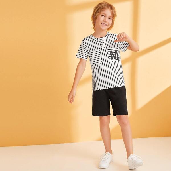 

Boys Letter and Striped Pocket Front Tee, Black and white