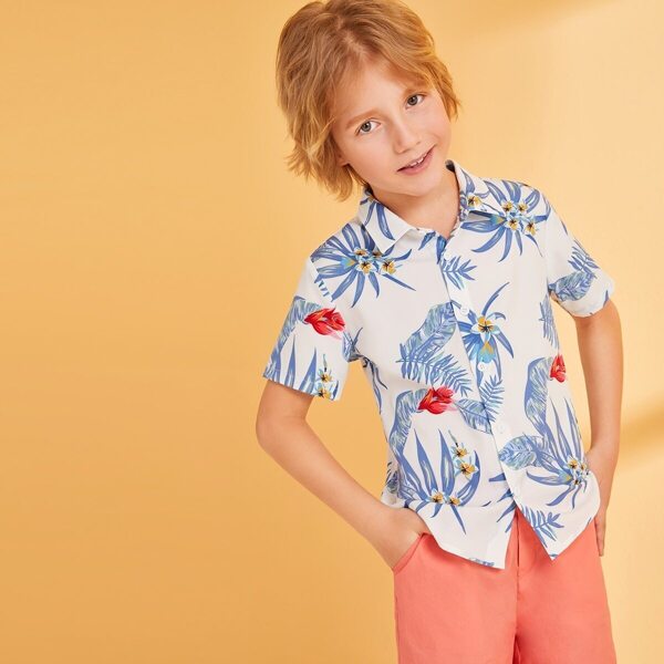 

Boys Tropical and Floral Print Shirt, White