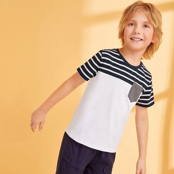 

Boys Marled Pocket Patched Striped Tee