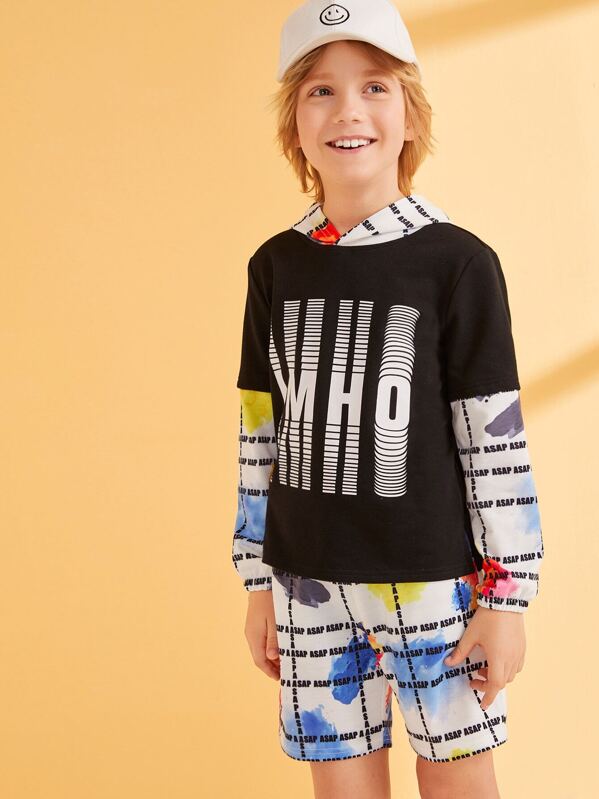 

Boys Tie Dye and Letter Hoodie and Shorts Set, Multicolor, Misha B