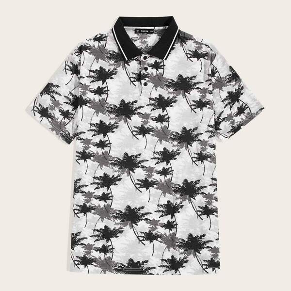 

Men Striped Neck Plants Print Polo Shirt