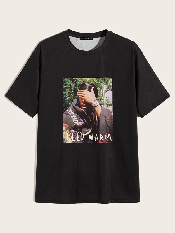 

Men Slogan and Figure Graphic Tee, Black