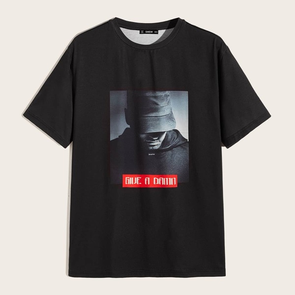 

Men Slogan and Figure Print Tee, Black