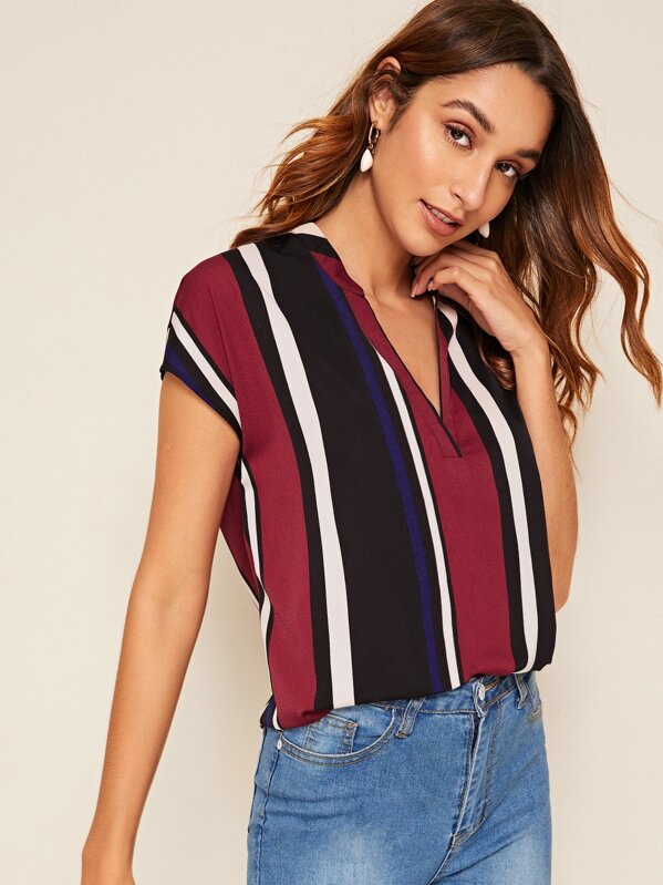 

V-cut Neck Curved Hem Striped Top, Multicolor, Gabi B