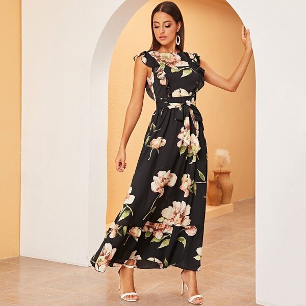 

Floral Print Ruffle Armhole Self Belted Dress