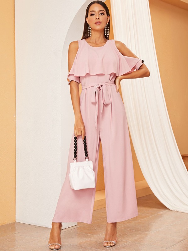

Button Detail Cold Shoulder Ruffle Trim Jumpsuit, Pink, Mary P.