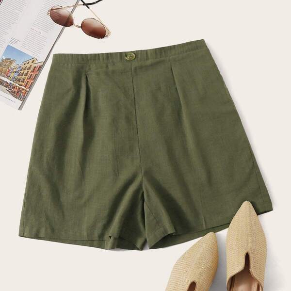 

Button Detail Elastic Waist Solid Shorts