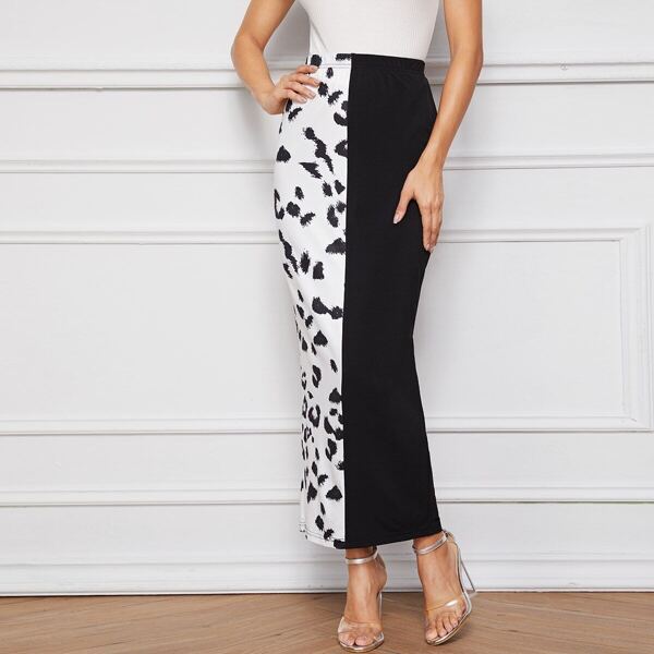 

Leopard Print Two Tone Split Hem Pencil Skirt, Black and white