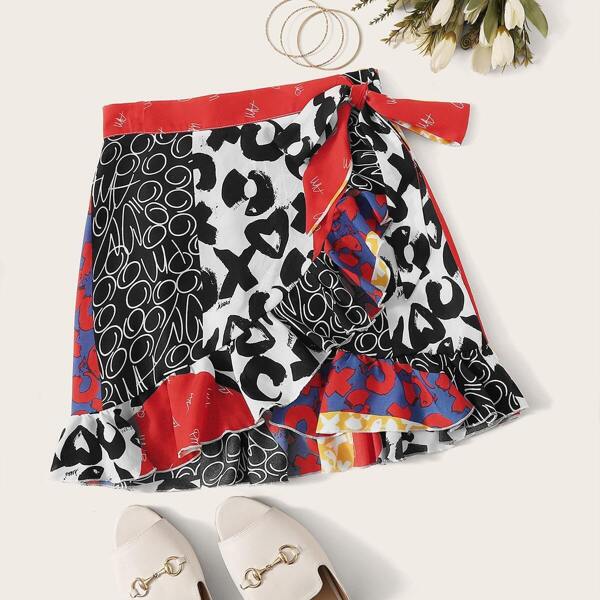 

Mixed Print Tie Side Wrap Skirt, Multicolor
