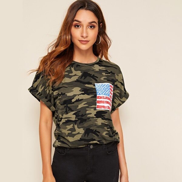 

American Flag and Camo Print Rolled Cuff Tee
