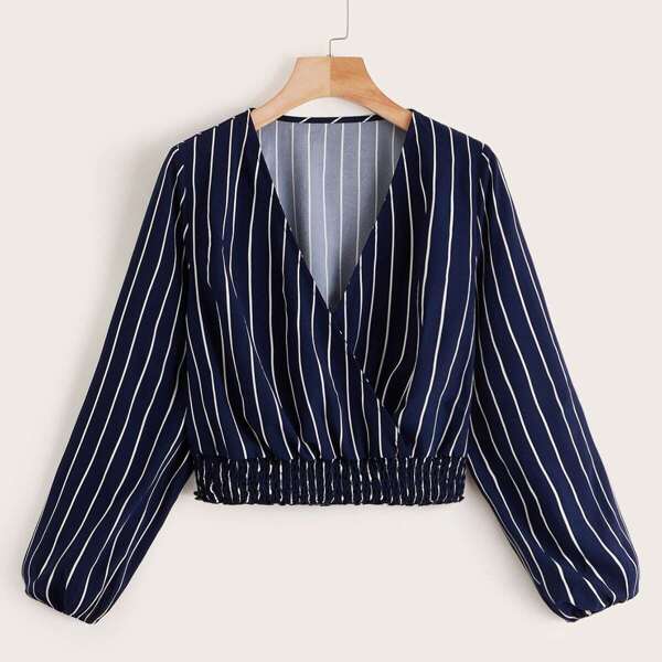 

Surplice V-Neck Striped Shirred Blouse