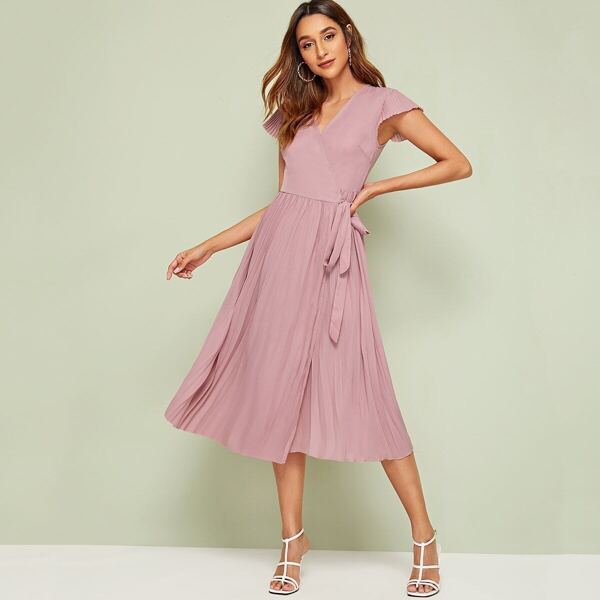 

Surplice Pleated Tie Side Dress, Pink