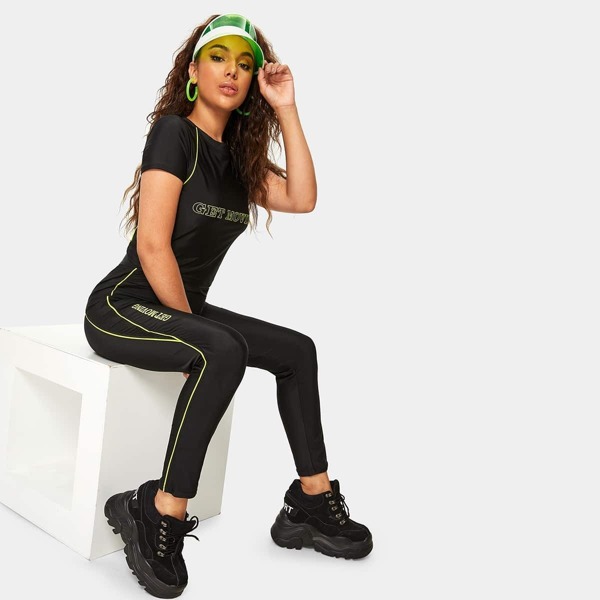 

Letter Print Contrast Binding Top With Slim Pants
