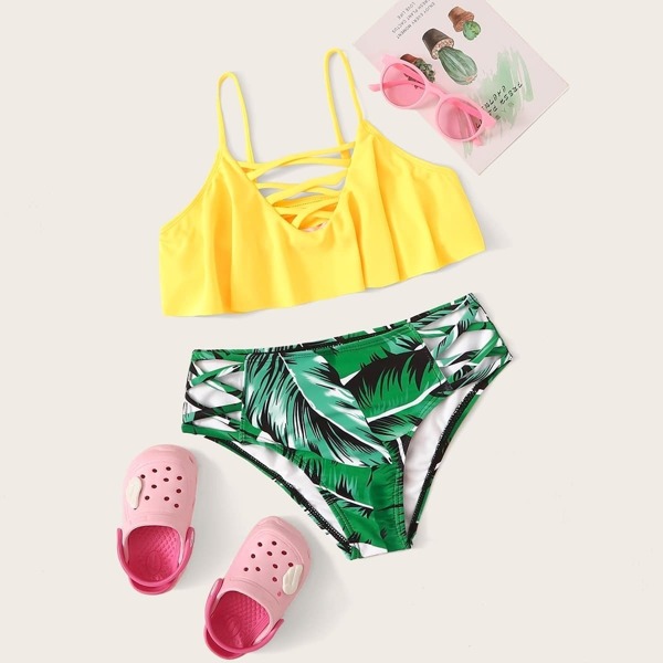 

Girls Lace-up Floaty Top With Tropical Bikini Set