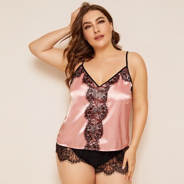 

Plus Contrast Lace Satin Cami Top With Shorts