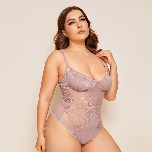 

Plus Floral Lace Sheer Teddy Bodysuit, Pink pastel