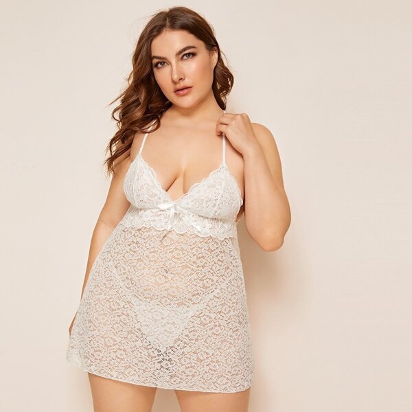 

Plus Floral Lace Slips With Thong, White