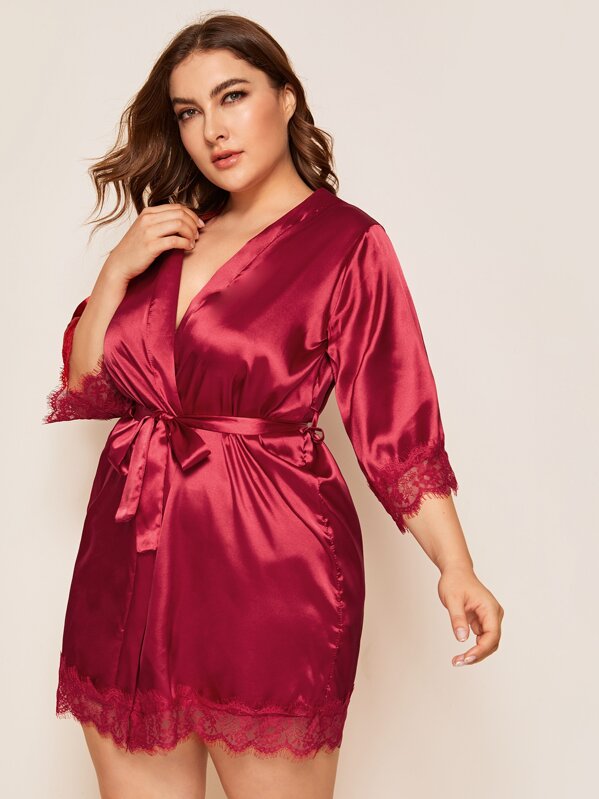 

Plus Lace Trim Satin Robe & Belt Without Lingerie Set, Red, Franziska