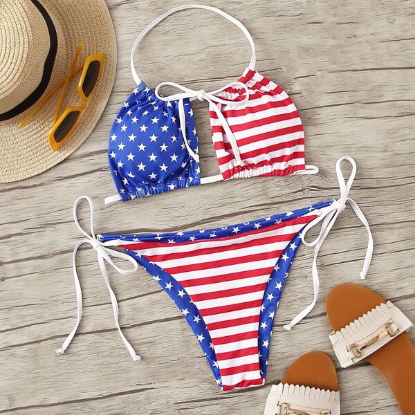 

American Flag Halter Top With Tie Side Bikini