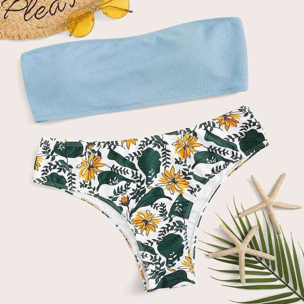 

Plus Textured Bandeau With Tropical Bikini Set, Multicolor
