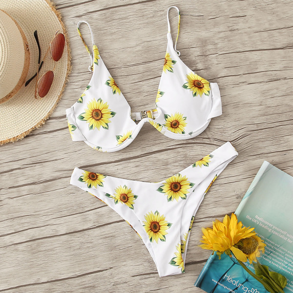 

Sunflower Print Underwire Top With High Cut Bikini Set