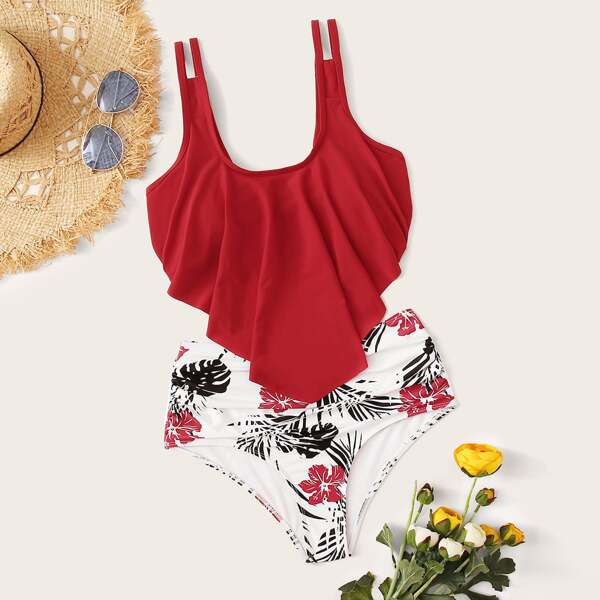 

Floral Print Hanky Hem High Waisted Bikini Swimsuit, Multicolor