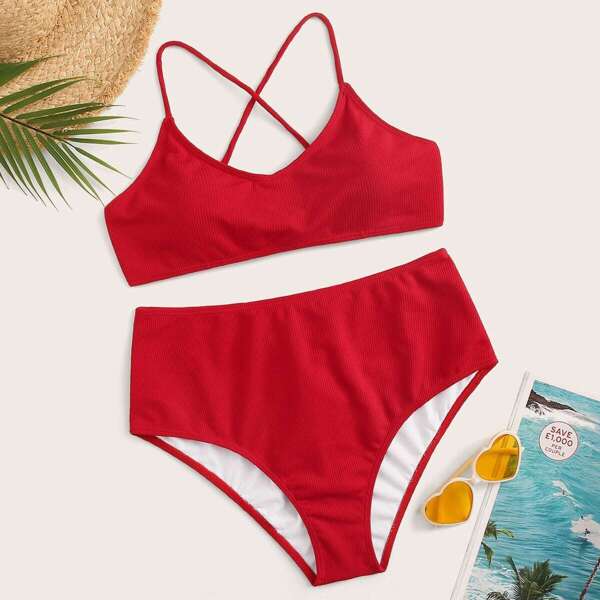

Plus Texture Lace Up Back Bikini Set, Red
