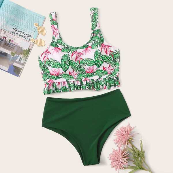 

Tropical Ruffle Hem Top With High Waist Bikini